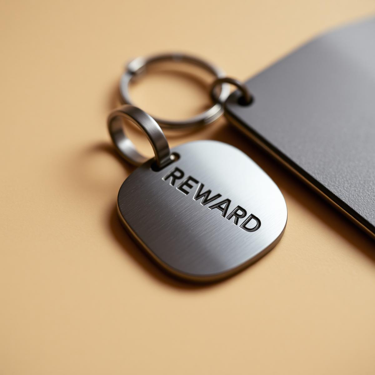 Close-up of a brushed metal ReturnMe tag engraved with REWARD.